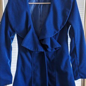 Cobalt blue fleece jacket with ruffle collar